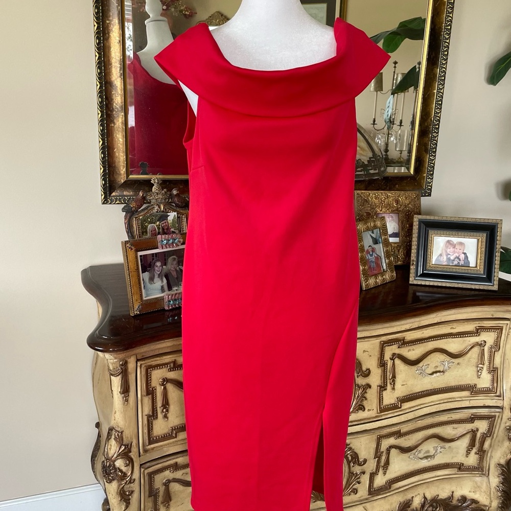 Made in England Red Poly Sleeveless Cowl Collar Bottom 11” Side Slit Dress 10
